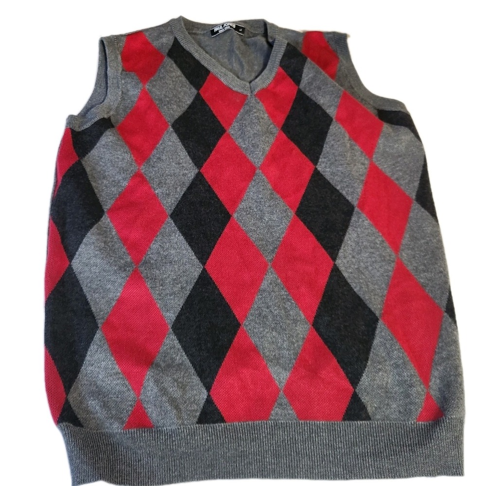 Paul Jones Mens Large Argyle Sweater Vest Knitwear Gray & Red Preppy Grandpacore